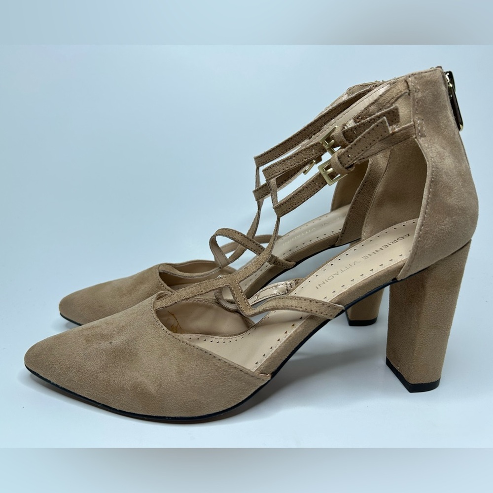 Adrienne Vittadini Tan Suede Strappy Pointed Toe Heel Size 10 NWT